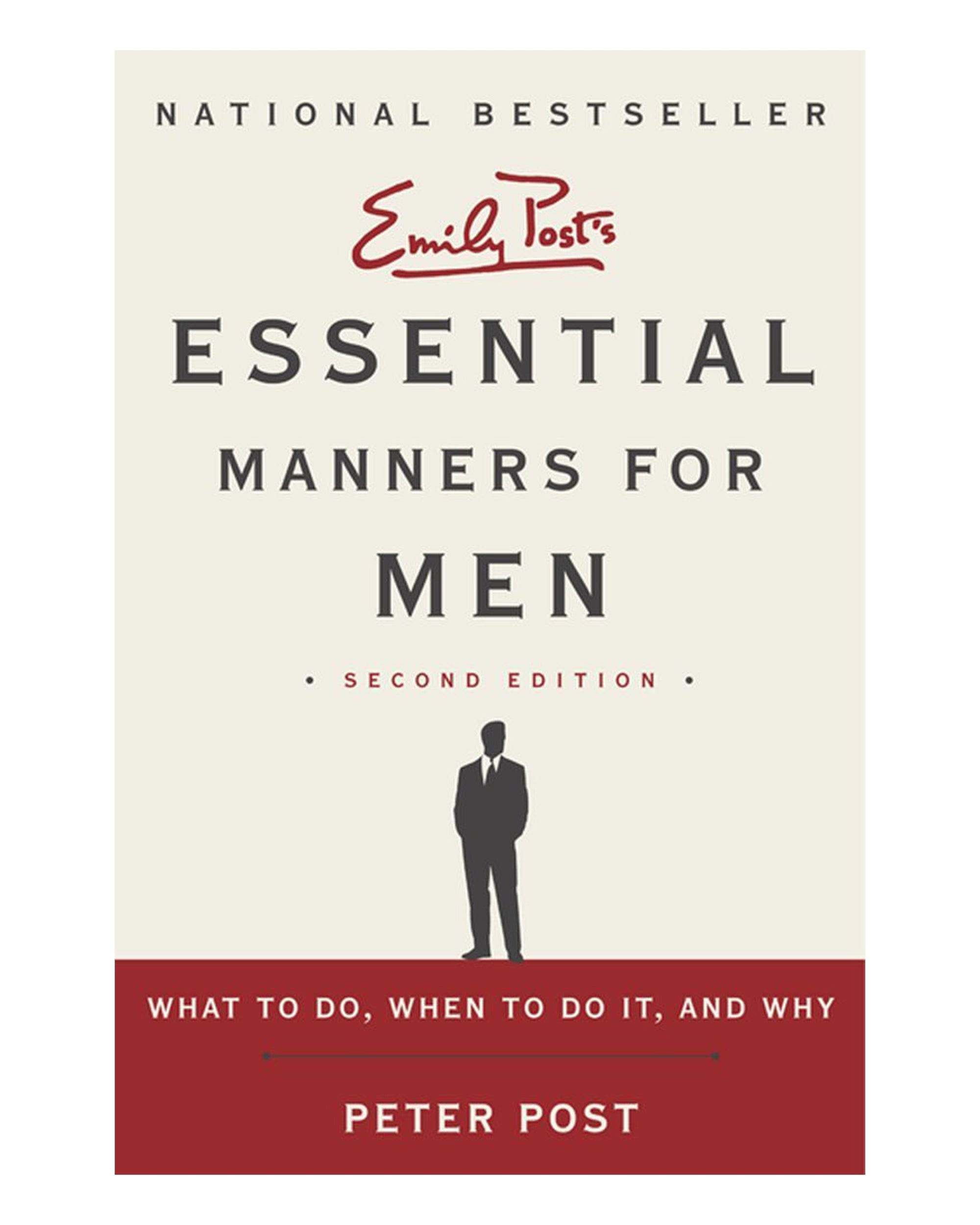 Book cover of "Essential Manners For Men" by Harper Collins. Features a silhouette of a man in a suit. Subtitle: "What to do, when to do it, and why." Second edition guide on men's etiquette.