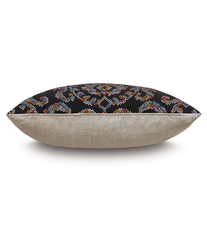 Black multicolored ikat throw pillow with beige back, includes insert, by Eastern Accents, EUS-461 Freya Ikat.