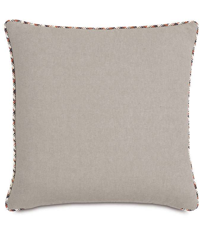 Square beige Moab Graphic 27x27&quot; throw pillow with a distinctive orange, black, and white striped piping around the edges, perfect for a Scottsdale bungalow by Eastern Accents.