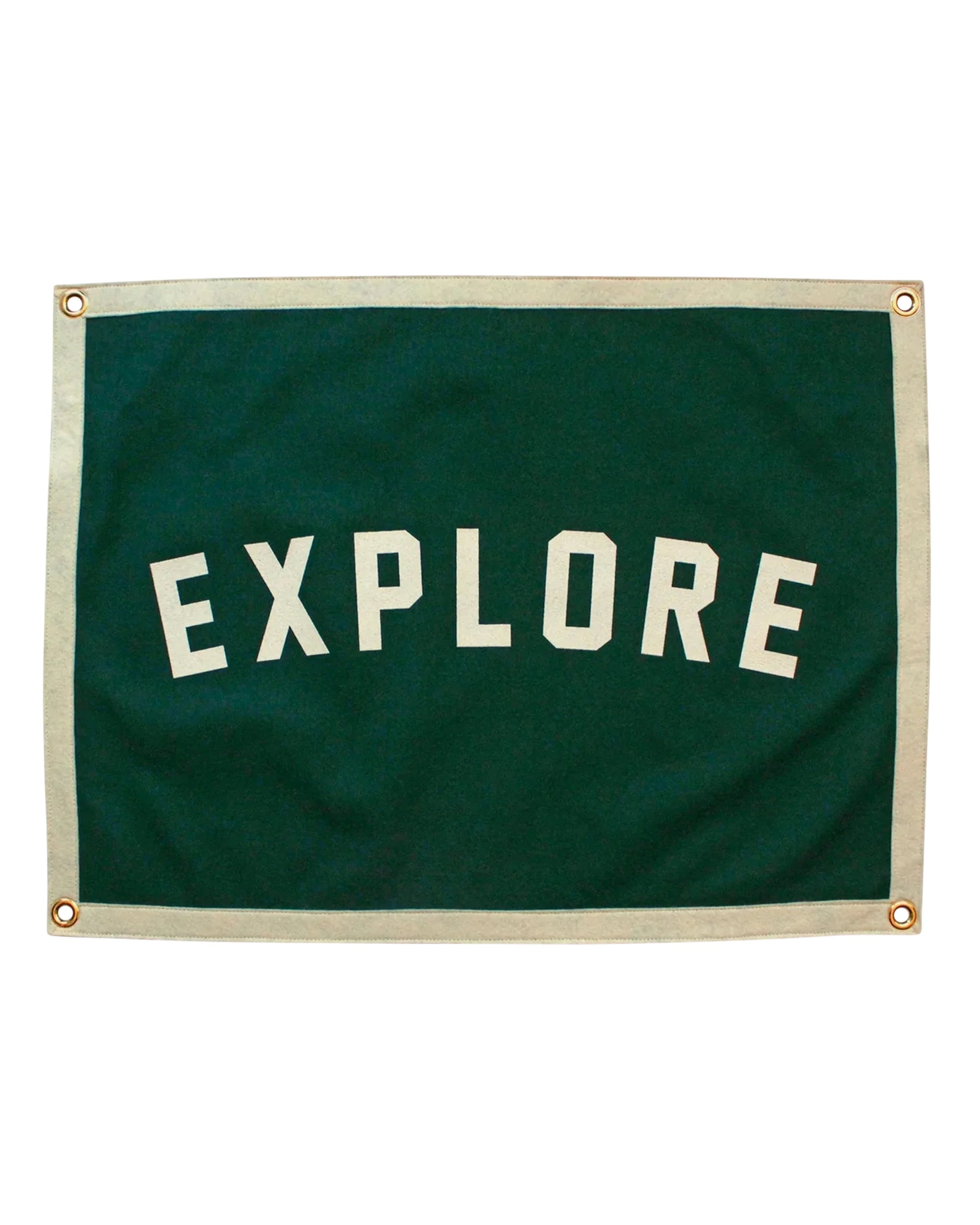 The Oxford Pennant Explore Camp Flag 18x24 features bold white "EXPLORE" lettering on green with a beige border and four metal grommets—ideal décor for adventurers and outdoor enthusiasts.