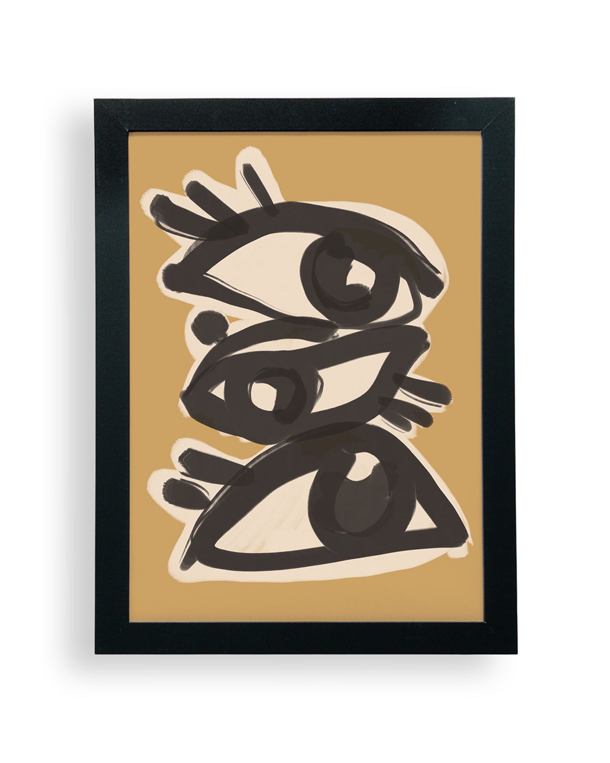 “Abstract line art eyes” by Faire is a limited-edition framed poster featuring three black, stylized eyes stacked on a tan background with bold brushstrokes and thick lines in a sleek black frame.