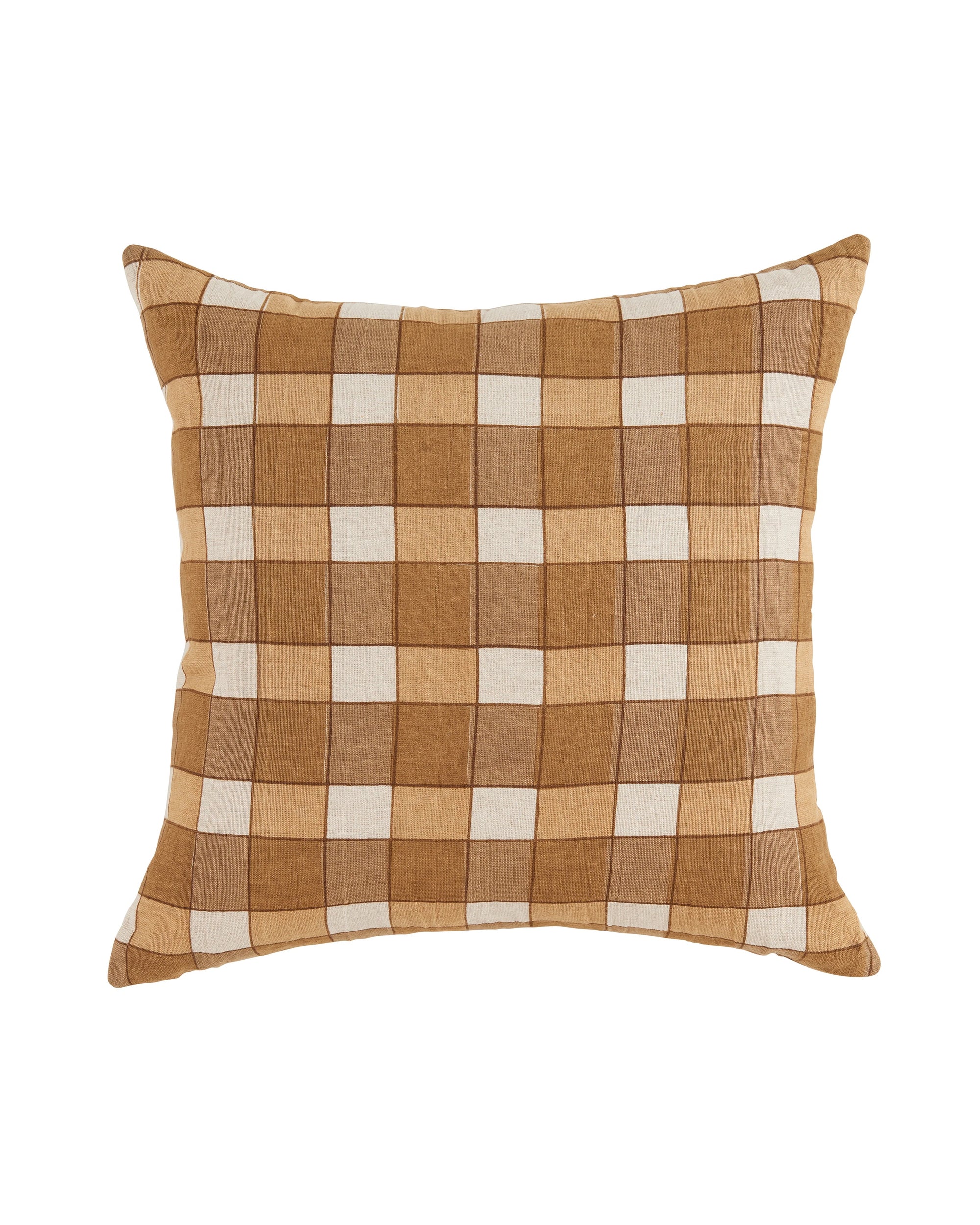 The Ezra Pillow by Liam & Lana features a square linen design with a brown, beige, and off-white checkered pattern. Displayed on a plain white background, this decorative throw pillow brings timeless charm to any room.