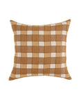 The Ezra Pillow by Liam & Lana features a square linen design with a brown, beige, and off-white checkered pattern. Displayed on a plain white background, this decorative throw pillow brings timeless charm to any room.
