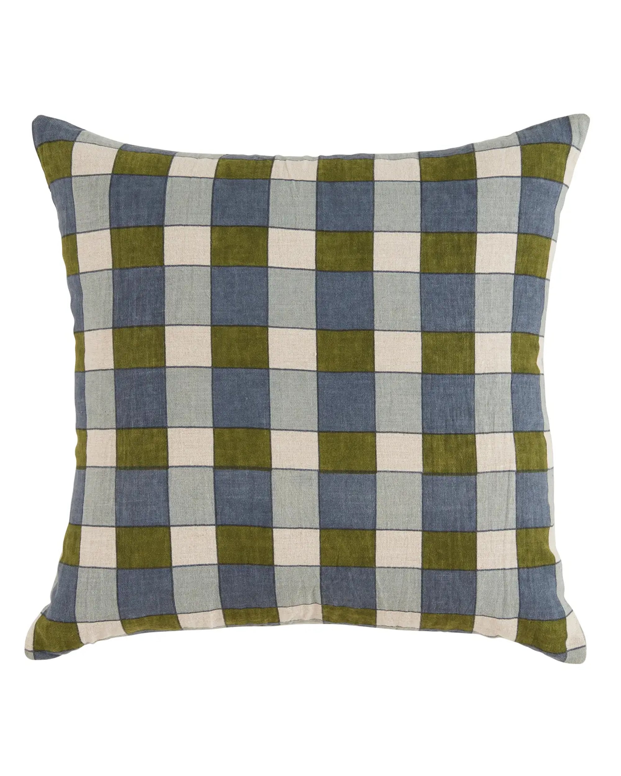 The Liam & Lana Earth -Ezra Pillow 22x22 features a soft, slightly textured linen fabric with a blue, olive green, and off-white checkered pattern on a white background.