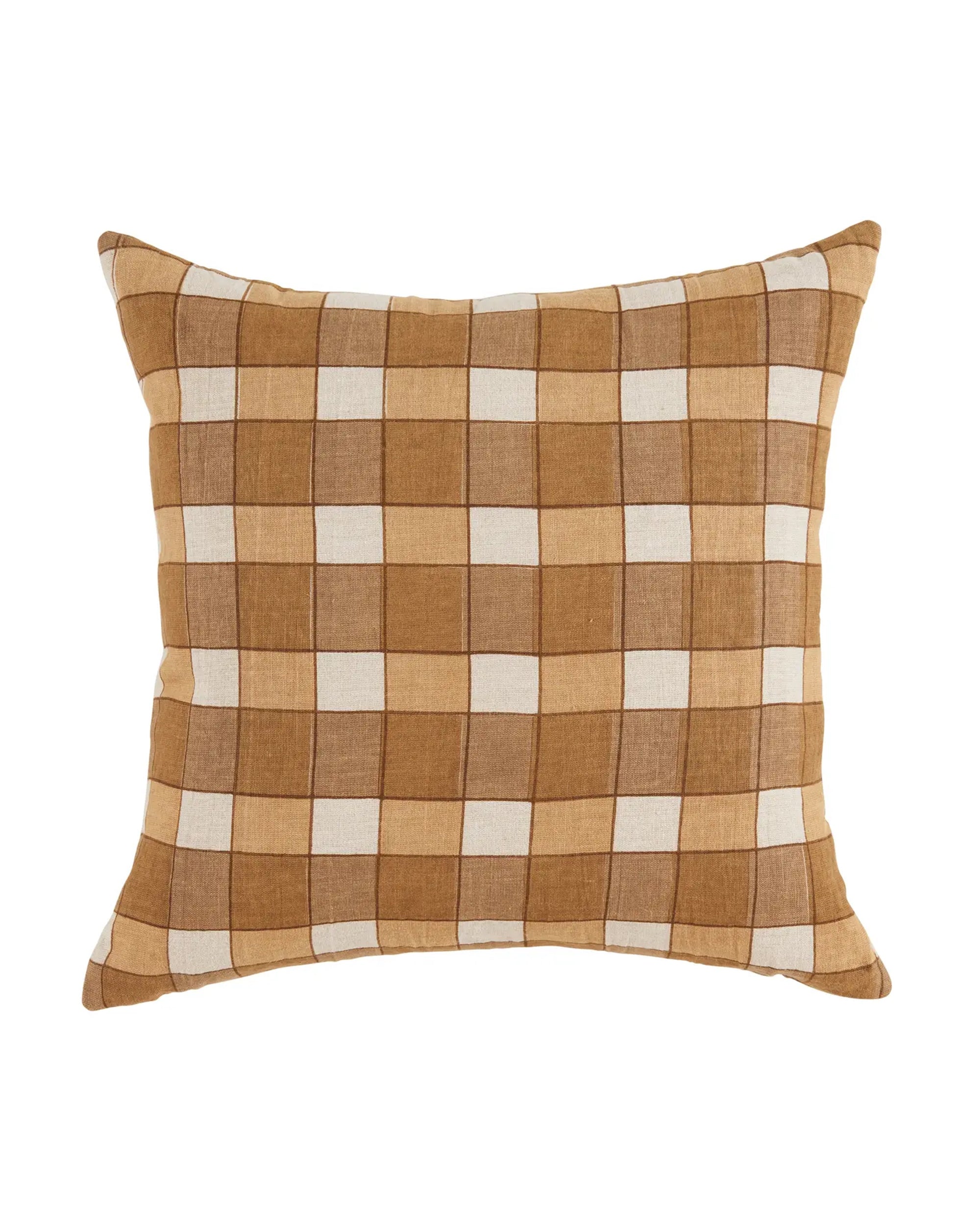 The Amber Ezra Pillow 22x22 by Liam & Lana is a square throw pillow with a modern checkered pattern in brown and beige linen, featuring alternating light and dark squares for a stylish, geometric look.