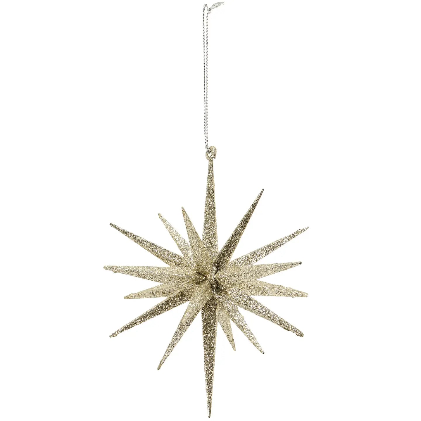 The Faire Christmas Ornaments Assorted features a gold glittery starburst with long, pointed rays, hanging from a silver string—perfect for holiday decorating.