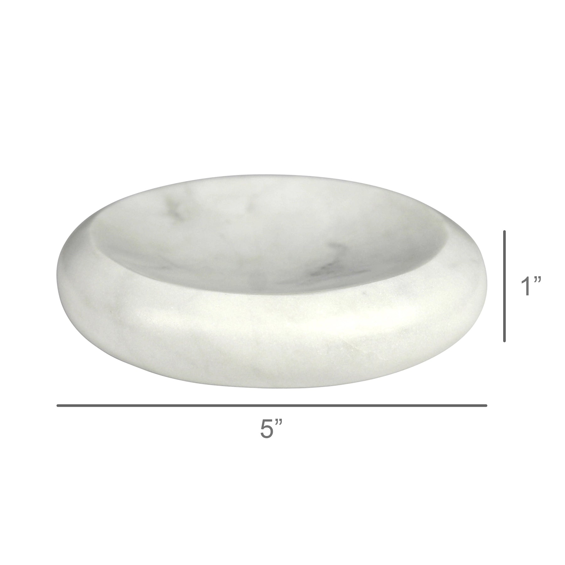The HomArt Marble Soap Dish is a round, white marble accessory with a polished finish, shallow center, and measures 5" diameter by 1" high—perfect for adding modern elegance to your bathroom.
