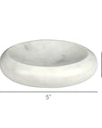 The HomArt Marble Soap Dish is a round, white marble accessory with a polished finish, shallow center, and measures 5" diameter by 1" high—perfect for adding modern elegance to your bathroom.
