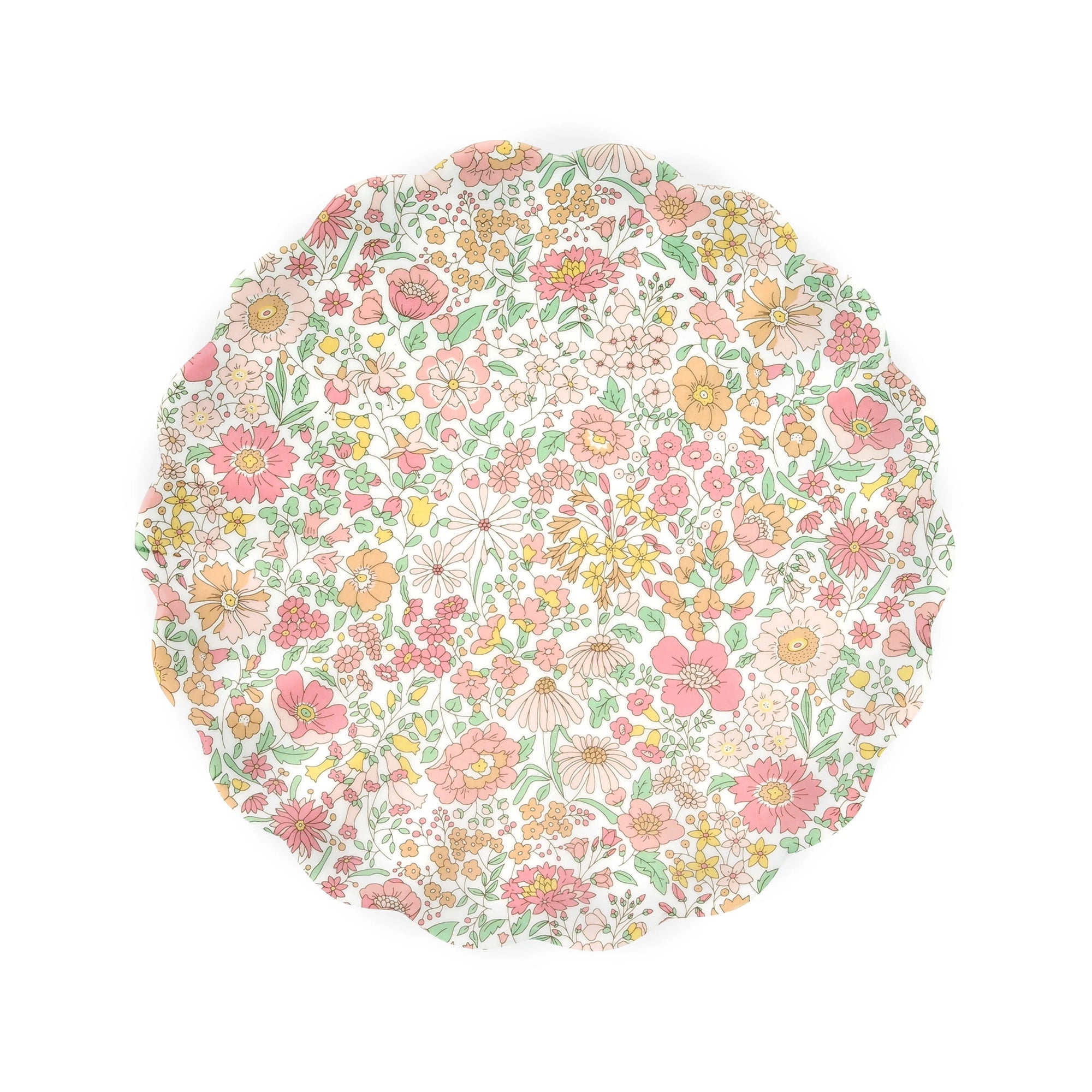 The Faire Mixed Set Reusable Small Plates are round melamine plates with scalloped edges and a colorful floral pattern—perfect for Liberty print plate fans.