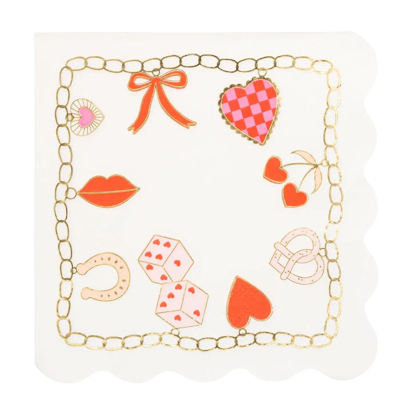 Add fun to your summer barbeque with the Cocktail Paper Napkin by My Mind's Eye—a square white napkin featuring scalloped edges, gold chain borders, and playful illustrations like lips, dice, a bow, heart, and more.
