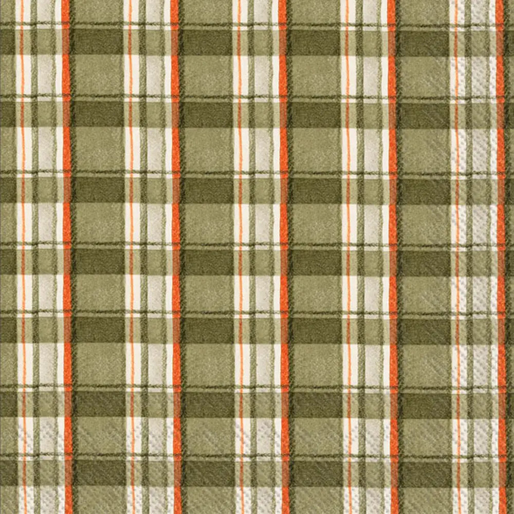 Faire&#39;s Boston Cocktail Napkins feature a plaid pattern in olive green, beige, and white with thin red and orange stripes. The textured woven design adds a stylish touch to any gathering.