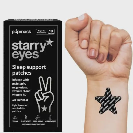 Faire's Starry Eyes Sleep Patches feature a black design with a "V" hand gesture and star shape. A star-shaped patch is shown on a wrist. These eco-friendly patches are vegan, gluten-free, zero sugar, and cruelty-free.