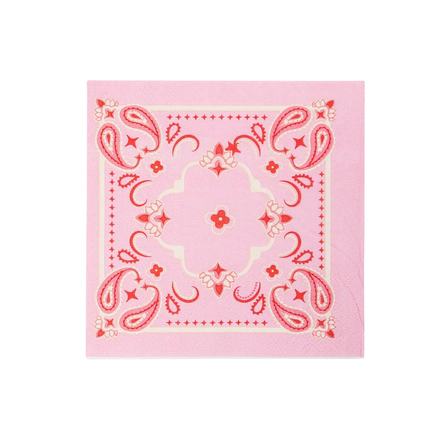 The Faire Cocktail Napkin is pink with ornate red and white paisley and floral designs symmetrically arranged around a central floral motif, featuring swirls and star-like shapes on the edges.