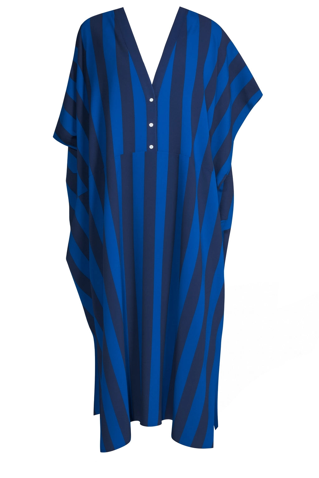 The Faire Suft Stripe Kaftan is a blue and black maxi dress with short sleeves, a V-neckline, three front buttons, and diagonal and vertical stripes for a dynamic coastal look.