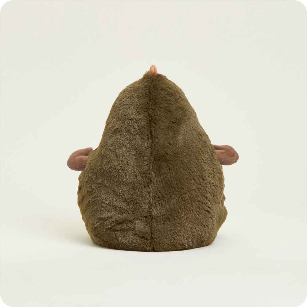 The Avocado Warmies by Faire is a plush, lavender-scented stuffed animal shaped like a rounded brown avocado, shown from the back with two small arms and a tiny pink spot on top against a plain white background.
