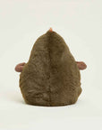 The Avocado Warmies by Faire is a plush, lavender-scented stuffed animal shaped like a rounded brown avocado, shown from the back with two small arms and a tiny pink spot on top against a plain white background.
