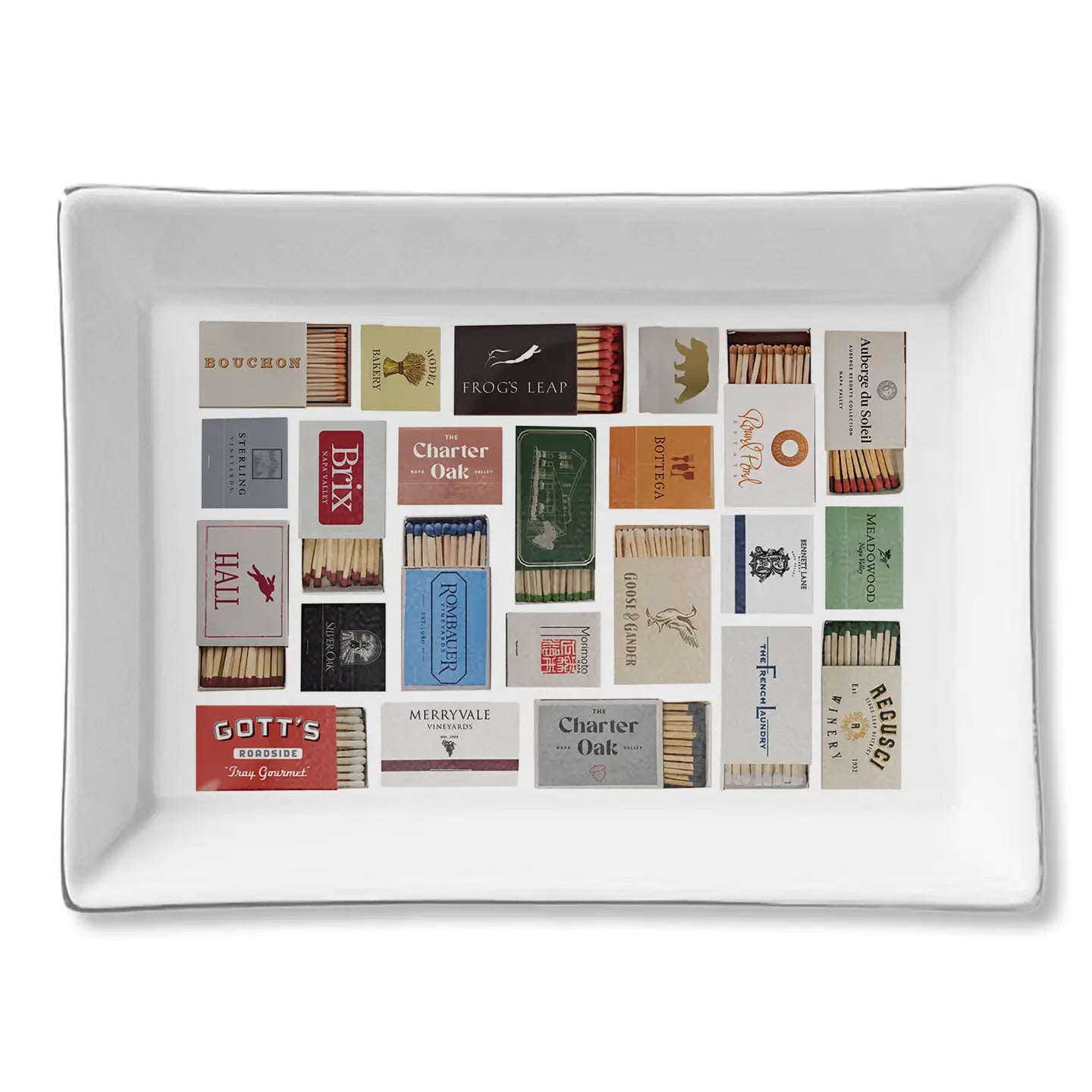Ceramic tray in Napa color by Faire displaying assorted matchbooks, perfect for a stylish, organized accent.