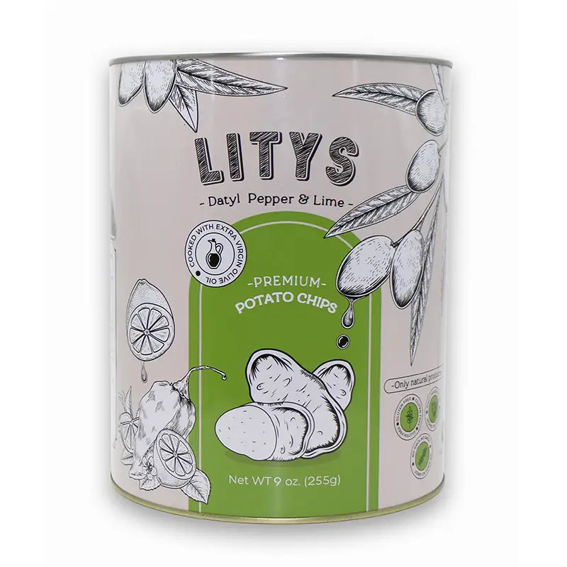 Introducing Litys Chips 9 oz by Faire, a canister of premium potato chips in a unique datyl pepper and lime flavor. Crafted with extra virgin olive oil for an authentic taste experience, the mostly white packaging is complemented with green accents and features illustrations of olives, peppers, and lime. Net weight: 9 oz (255g).