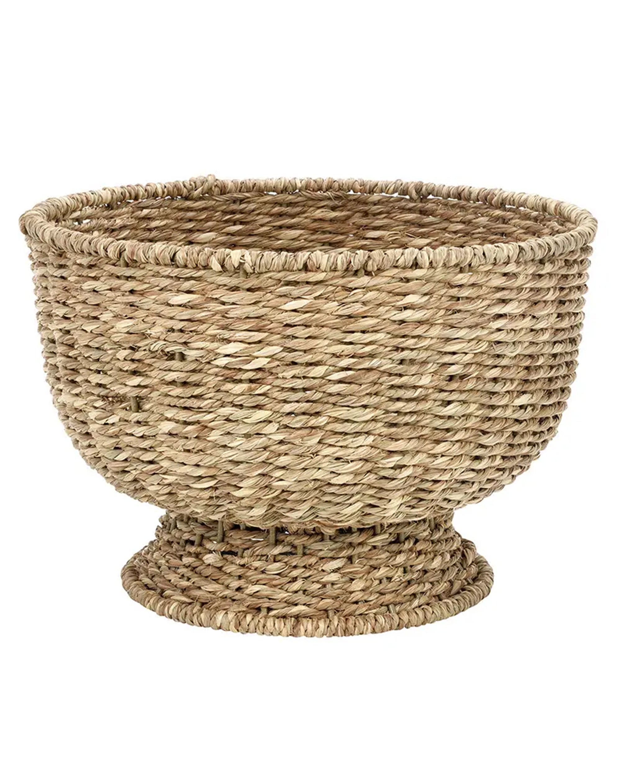 Large handwoven seagrass basket with wide opening and flared base, by Faire Face to Face.