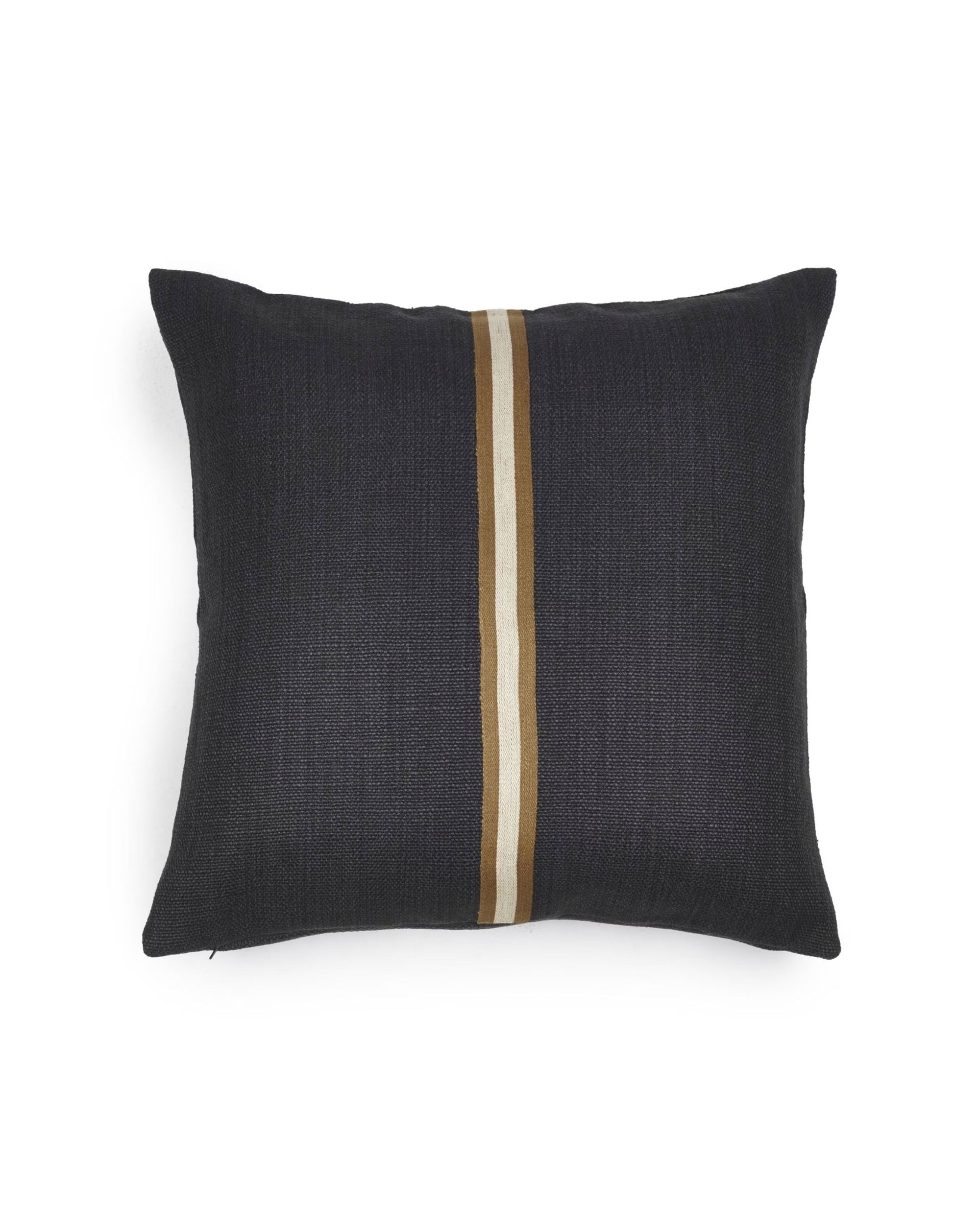 The Jasper Pillow by Libeco Home is a square dark gray cushion with textured fabric and two vertical stripes in light brown and beige. Designed for a 25x25 insert, it offers optimal shape and comfort.