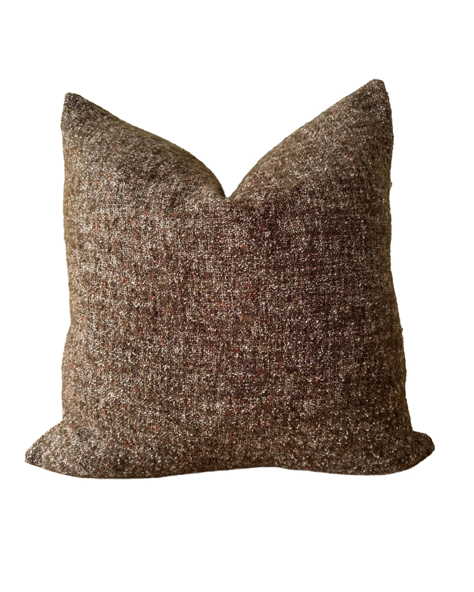 The Faire Adah Coco Wool & Linen Pillow features a square shape, textured coco brown fabric, a subtle speckled pattern, and a stonewash finish, displayed on a plain white background.