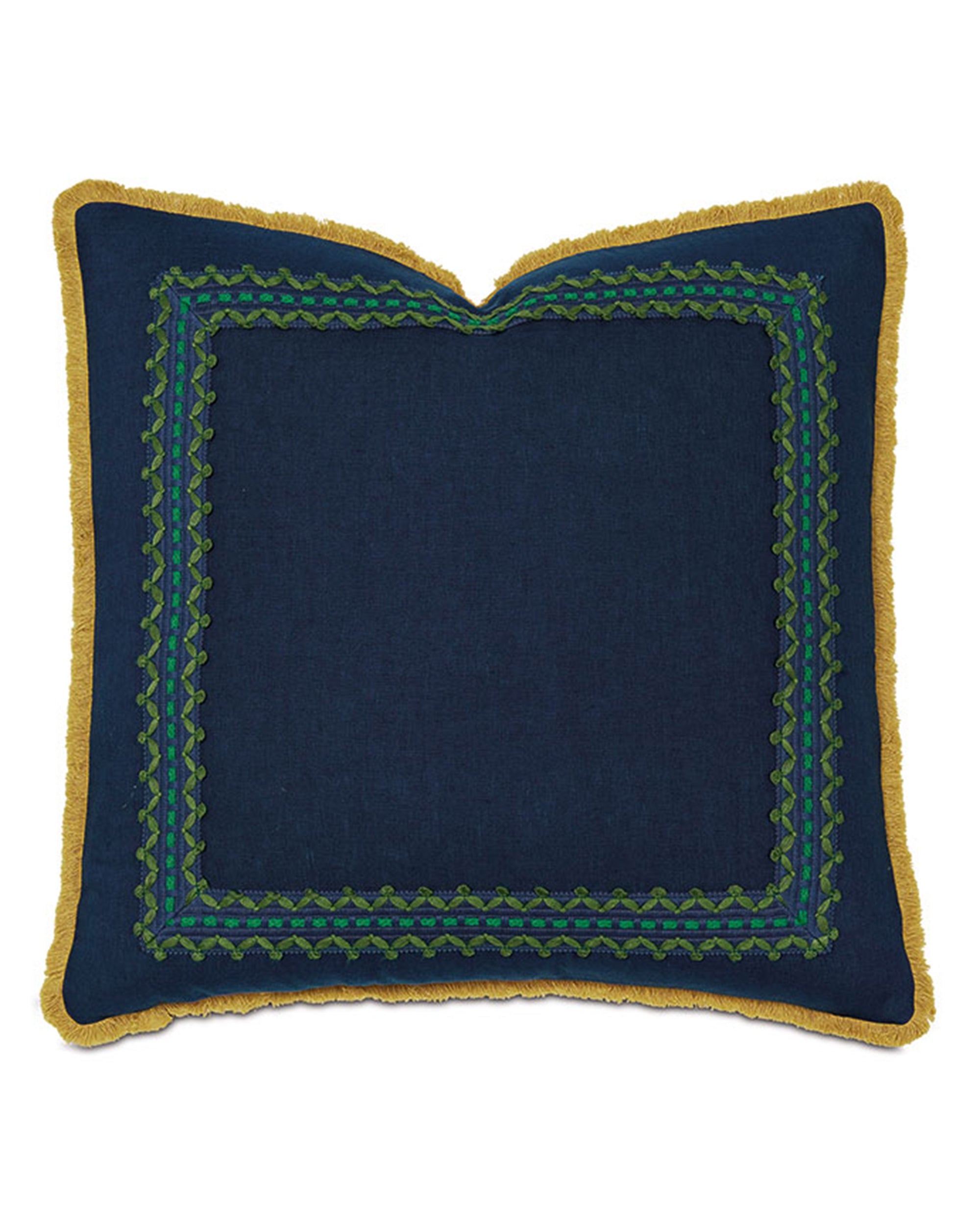 The Fairuza Embroidered Pillow by Eastern Accents features dark blue linen with green and blue geometric embroidery and gold fringe trim. This navy pillow brings a touch of elegance to any space.