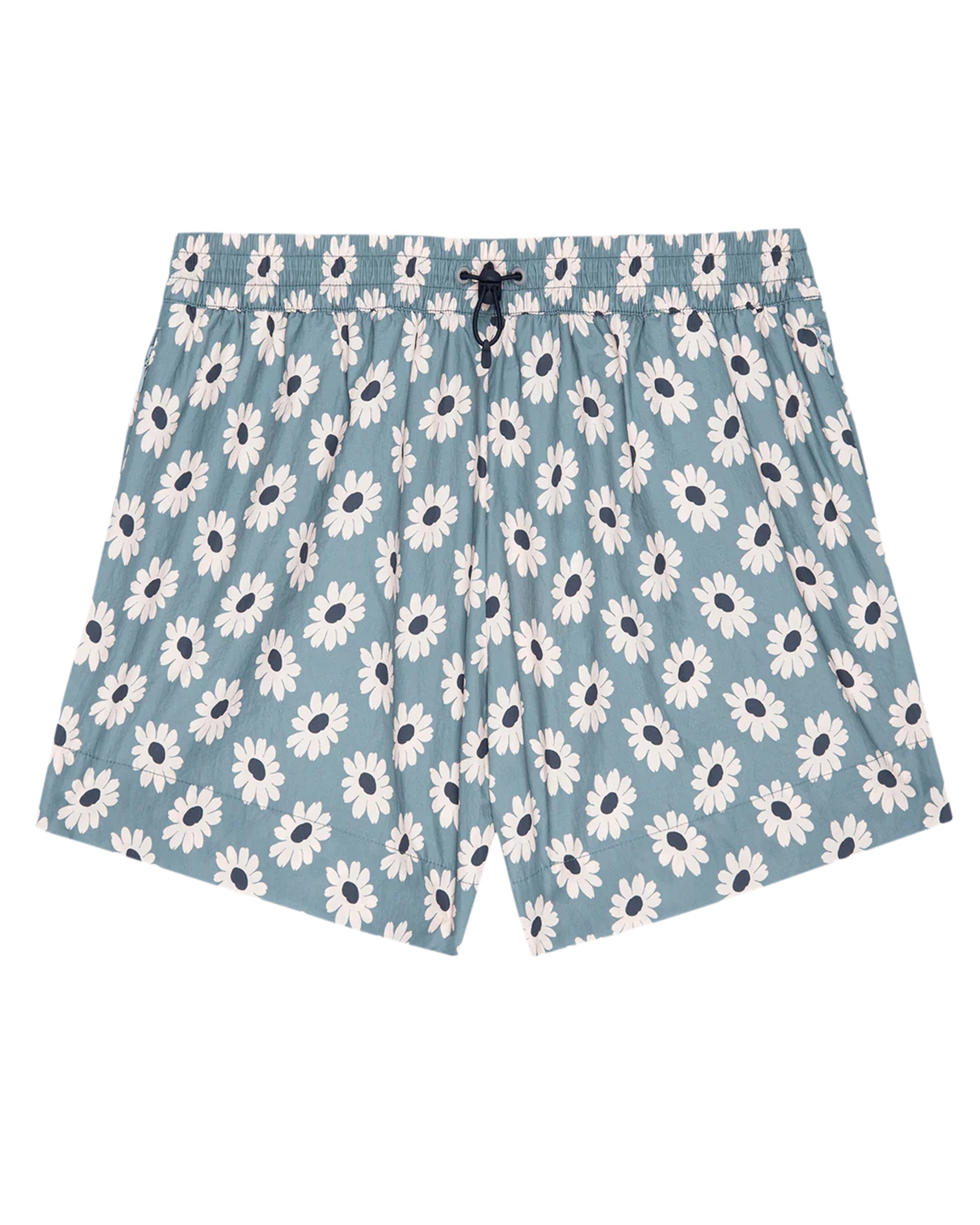 The Rover Short by The Great Inc. are light blue, durable, lightweight shorts with an elastic waistband, black drawstring, and a white daisy print—ideal for versatile outdoor wear.