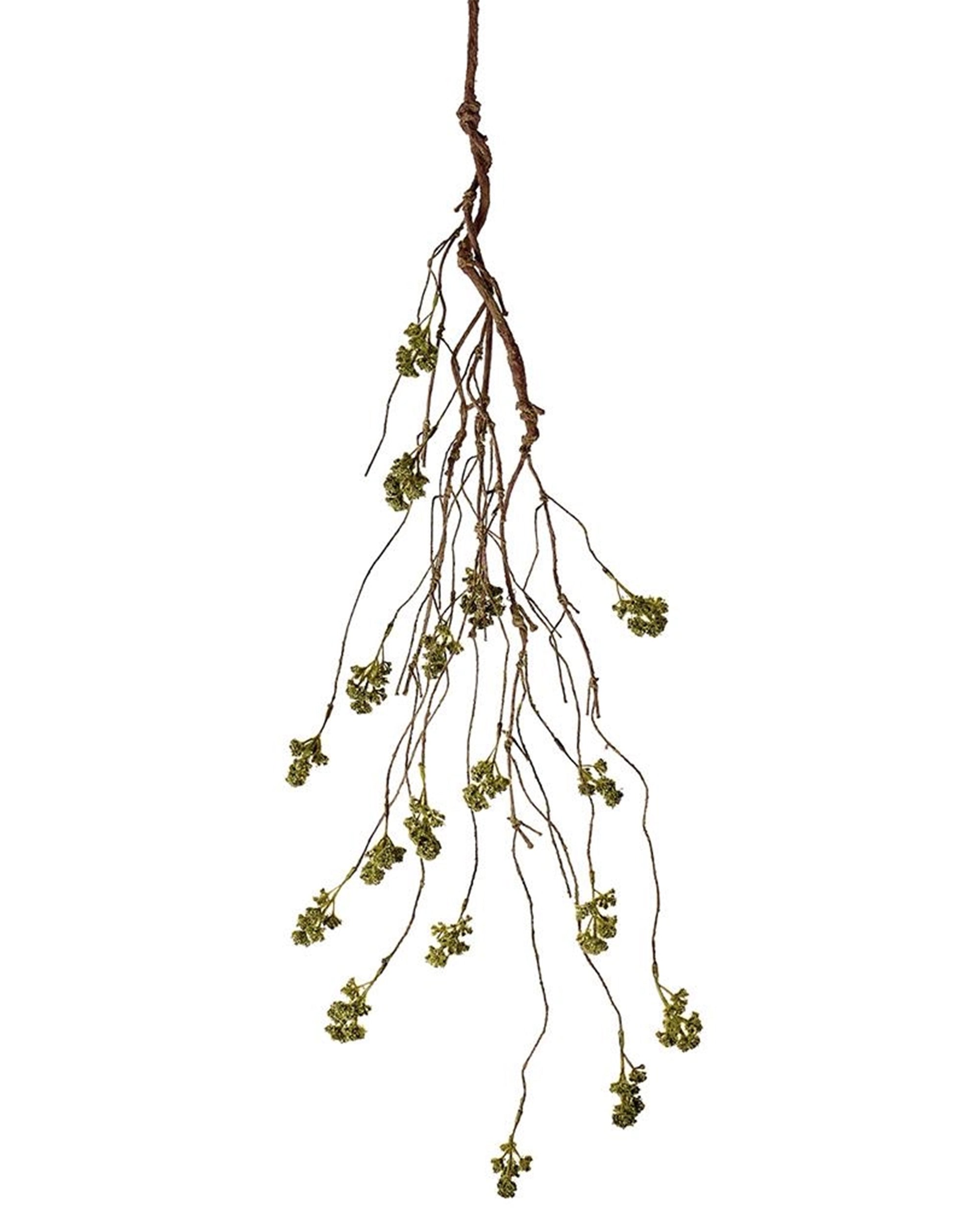 Lush green faux moss and brown twig hanging spray by Faire, perfect for winter décor at Bungalow Furniture.