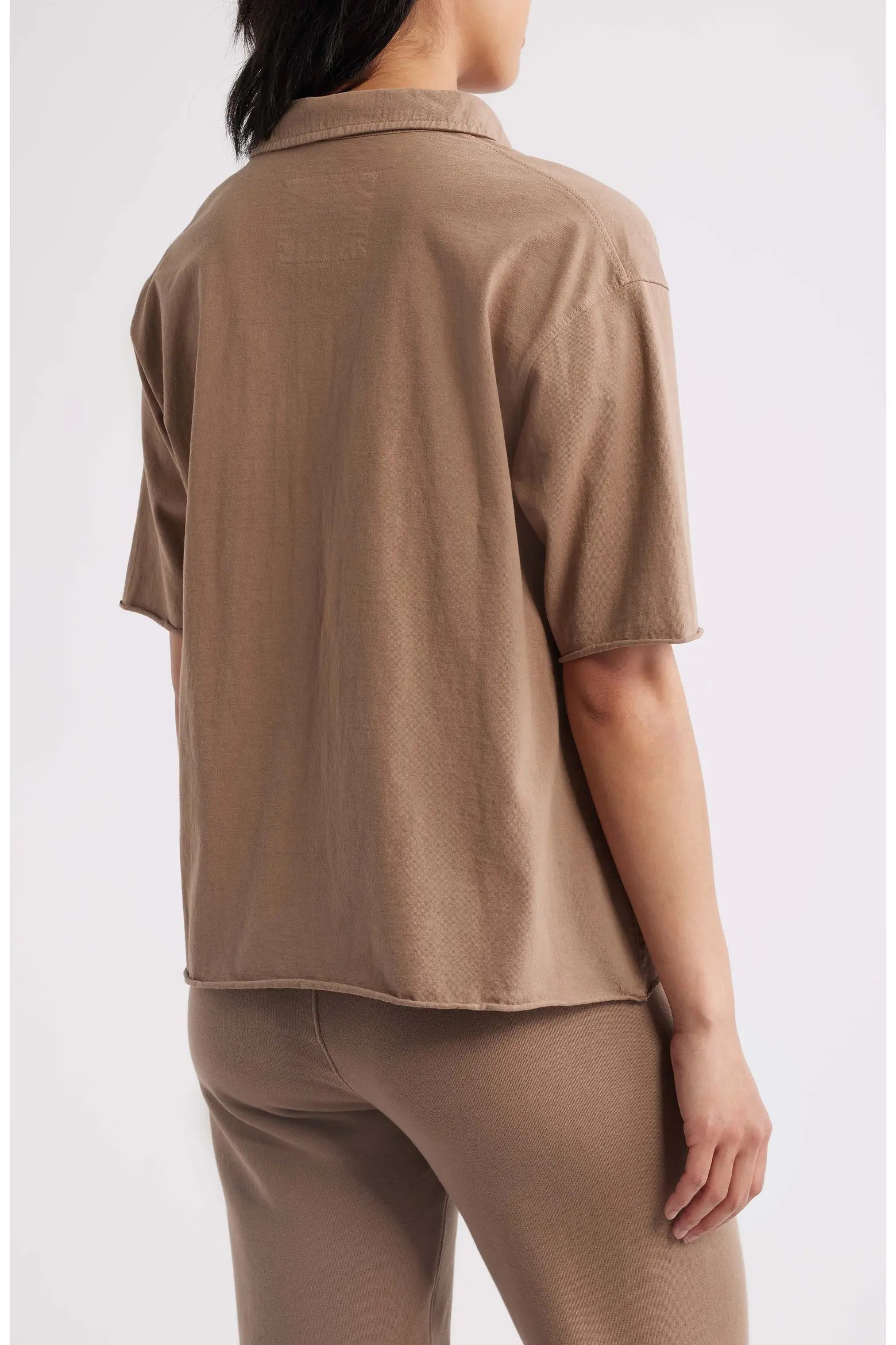 Loose brown Frank &amp; Eileen Patty Popover SS Henley and pants, back view, relaxed fit, casual style.