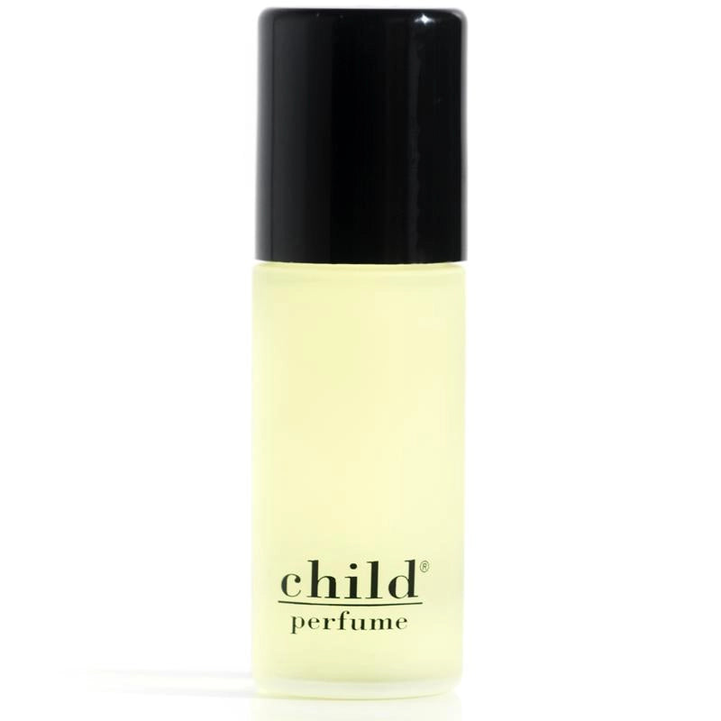 A frosted glass bottle labeled "Child Perfume Oil Roll" by Faire, with a black cap and set against a white background, highlights this artisanal scent created gently for young users.