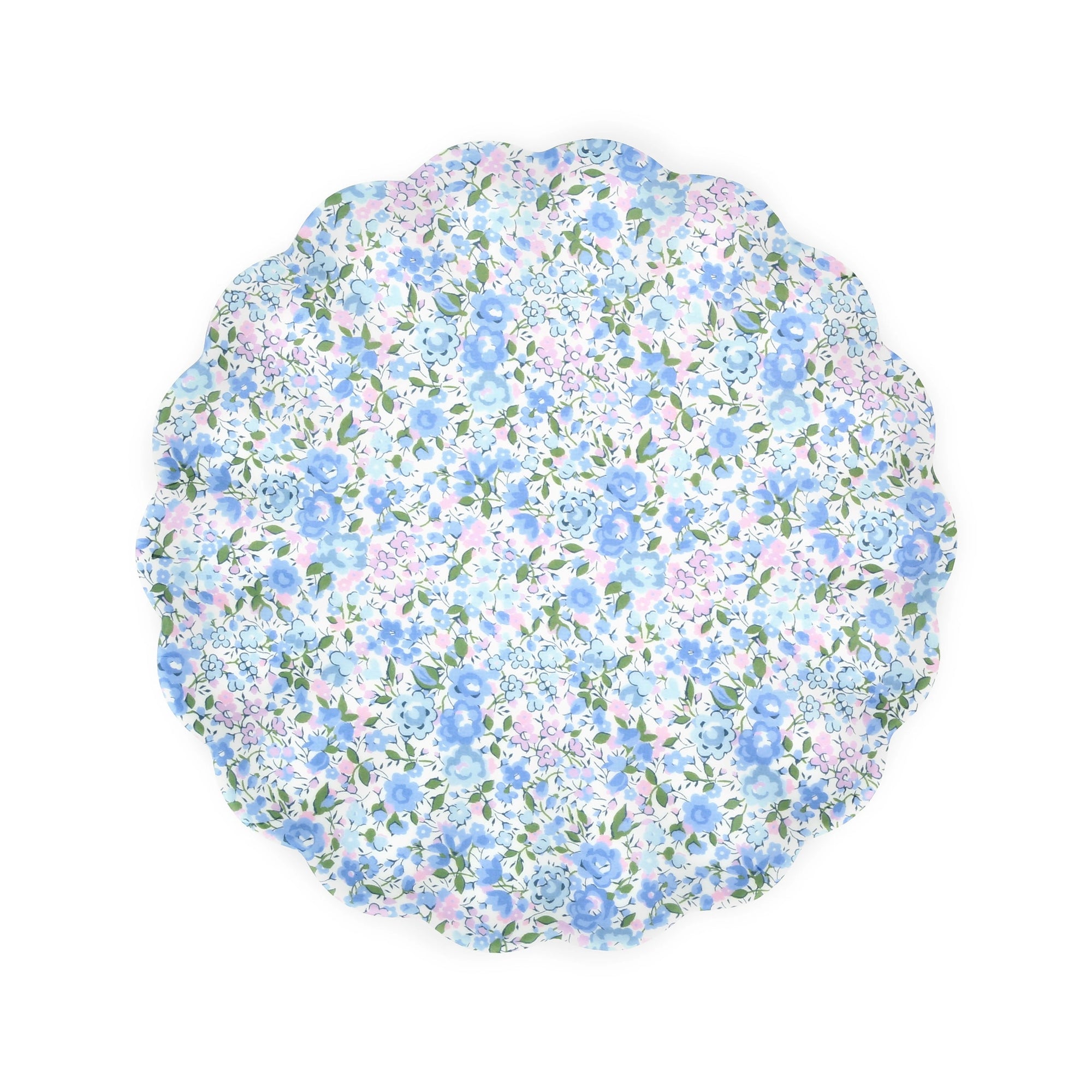 The Mixed Set Reusable Small Plates by Faire feature a round, scalloped-edge melamine design with blue, purple, and pink flowers plus green leaves—perfect for adding charm to your Liberty print plate collection.