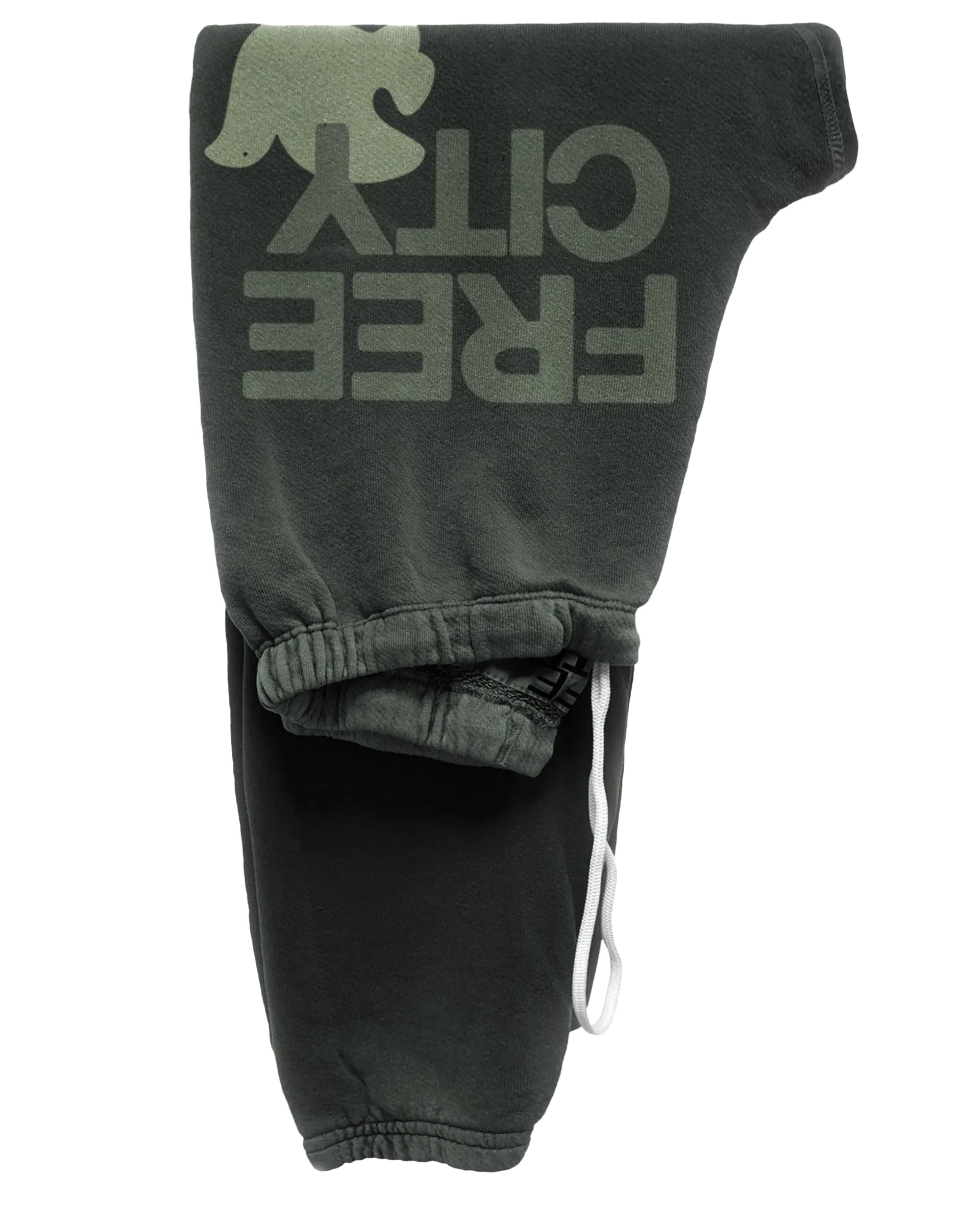 The FREECITY Large Sweatpant by Free City (sparrow, LLC) is a dark green unisex sweatpant made in the USA from lightweight French terry, featuring a white drawstring, upside-down "FREE CITY" print on one leg, and a light green dove graphic.