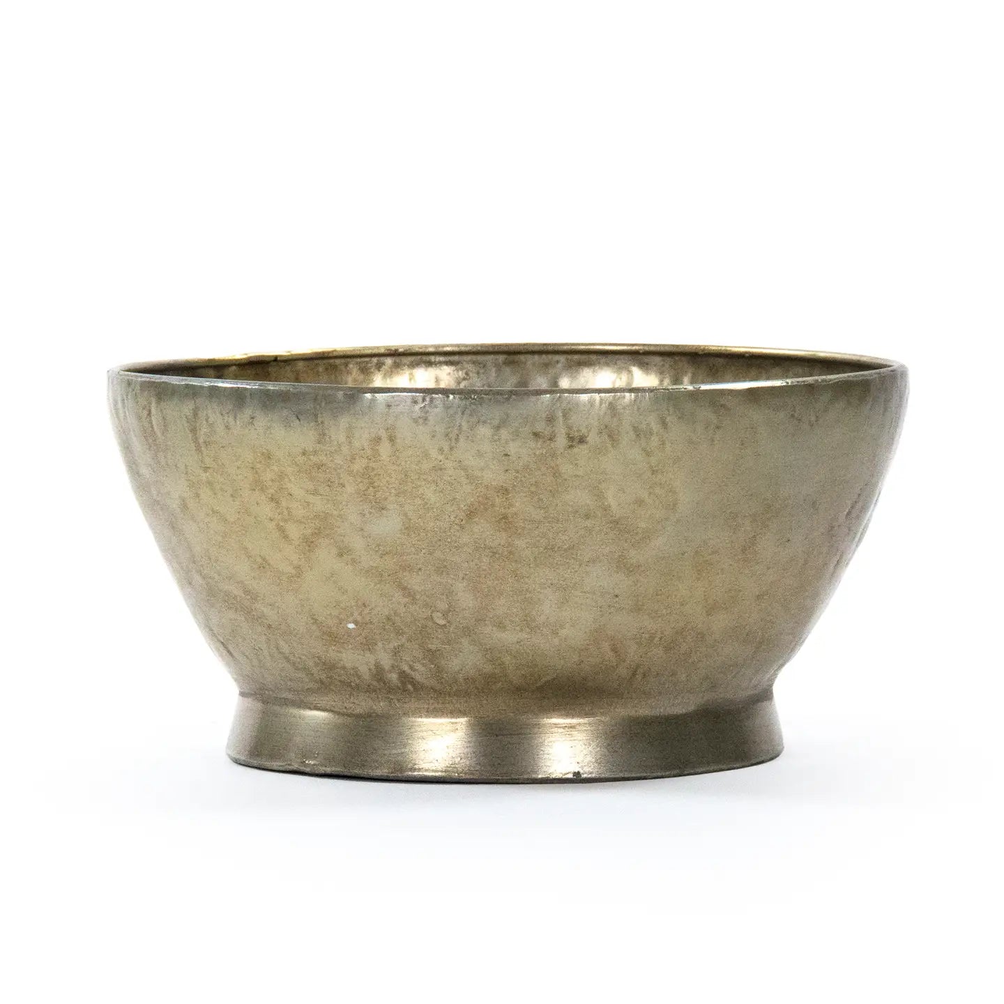 The Zentique Edgard Bowl in antique gold features a simple round shape, slightly flared rim, and narrow raised base—ideal as a decorative centerpiece. Shown against a white background.