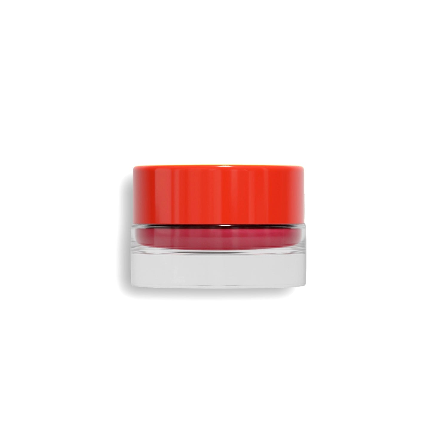 The Faire 02-Tinted Lip Balm & Blush, in a small clear glass jar with a bright orange lid, features a hydrating red-tinted formula and is displayed against a plain white background.