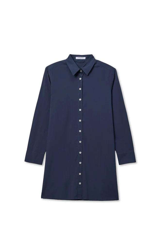 The Felicia Poplin Dress by Perfectwhitetee, shown laid flat on a white background, features long sleeves and classic navy blue cotton poplin—perfect for everyday wear.