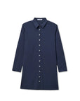 The Felicia Poplin Dress by Perfectwhitetee, shown laid flat on a white background, features long sleeves and classic navy blue cotton poplin—perfect for everyday wear.