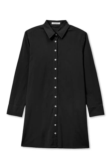 The Felicia Poplin Dress by Perfectwhitetee is a long-sleeve black button-down with a classic collar and white buttons, crafted from cotton poplin. Shown laid flat on a white background, it’s ideal for everyday wear.