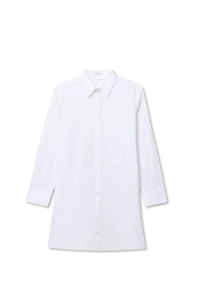 The Felicia Poplin Dress by Perfectwhitetee features crisp cotton poplin, long sleeves, a classic collar, and button-down front—perfect for everyday wear. Shown here against a plain white background.