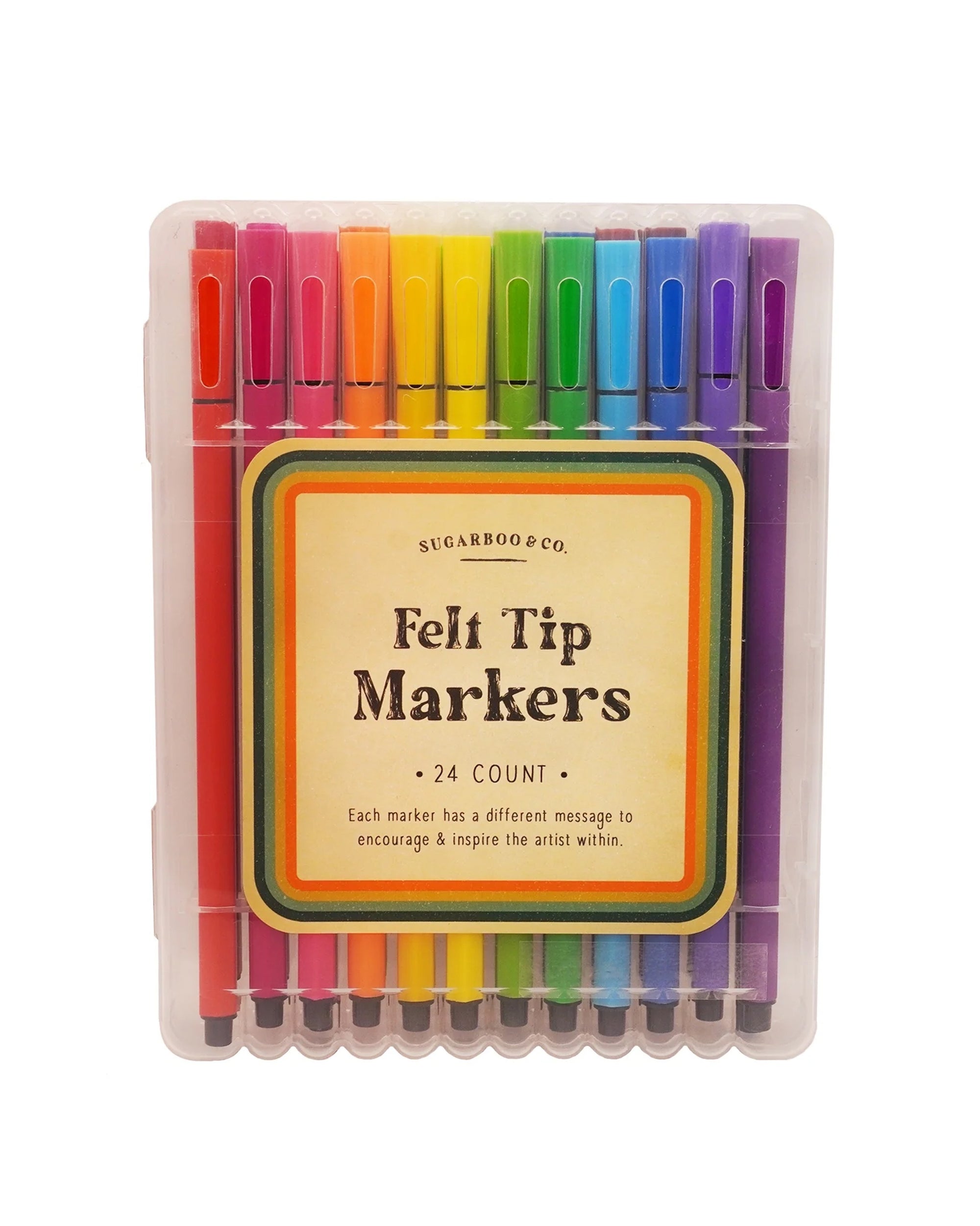 A plastic case from Sugarboo Designs holds 24 colorful Felt Tip Markers, arranged in a red-to-purple gradient. The label reads "Felt Tip Markers, 24 count," perfect for inspiring creativity and enhancing your art supplies.