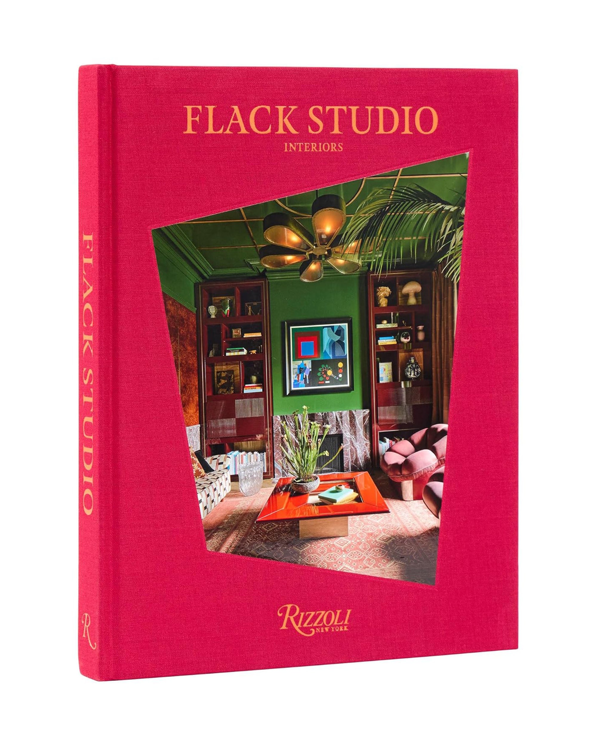 Flack Studios; Interiors" is a red hardcover book by Random House, featuring gold embossed text and a colorful, modern living room on the cover that reflects Flack Studio’s unique take on contemporary interior design.