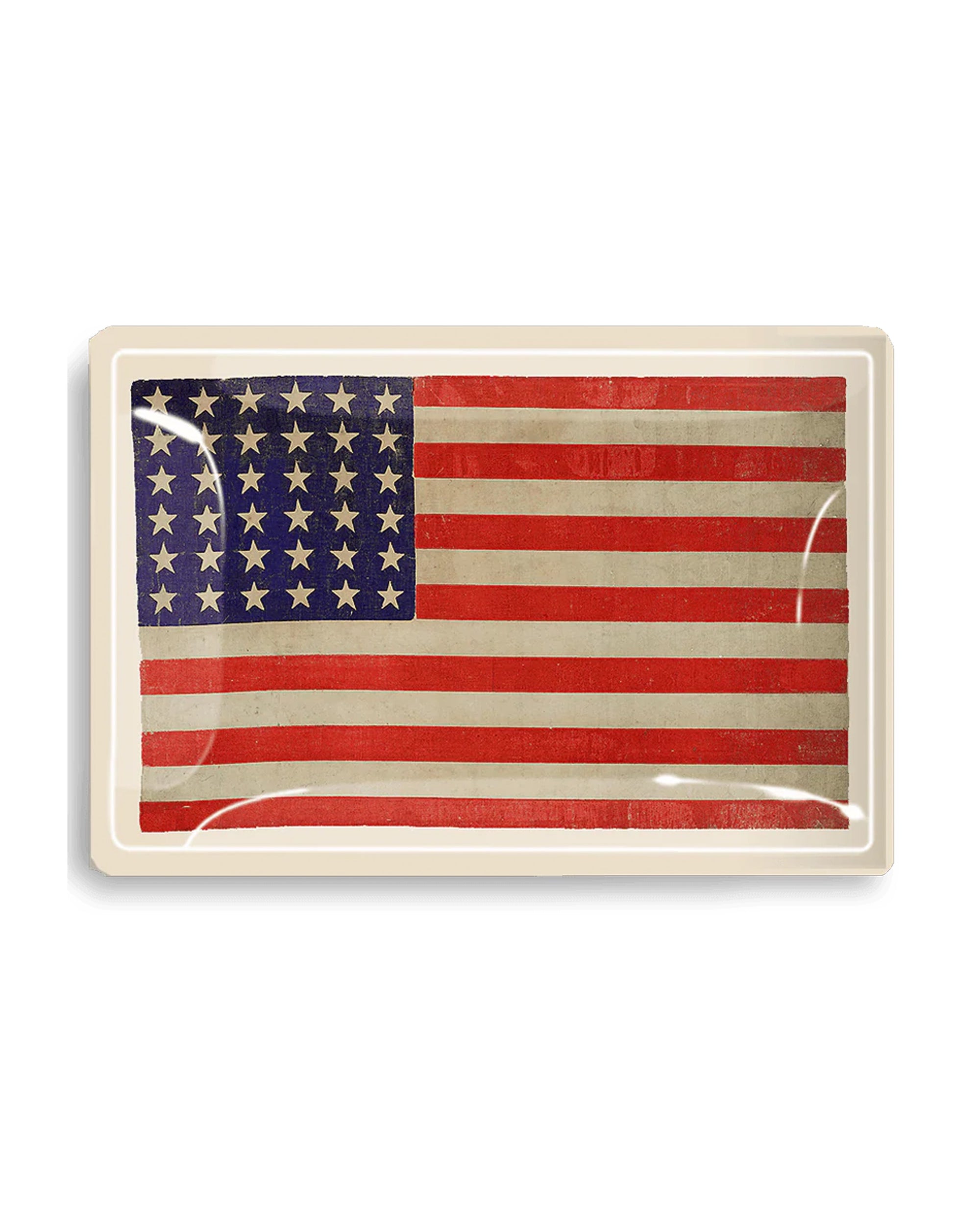 The Ben's Garden Tray 4"x 6" is a rectangular bent-glass tray featuring the American flag with 48 stars and 13 stripes, a cream border, reflective highlights, and crafted using the French decoupage technique.