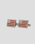 A pair of Curated Basics MENS Cufflinks designed in silver-plate, showcasing a rectangular shape with an American flag motif, consisting of red stripes and blue stars on a white enamel background.