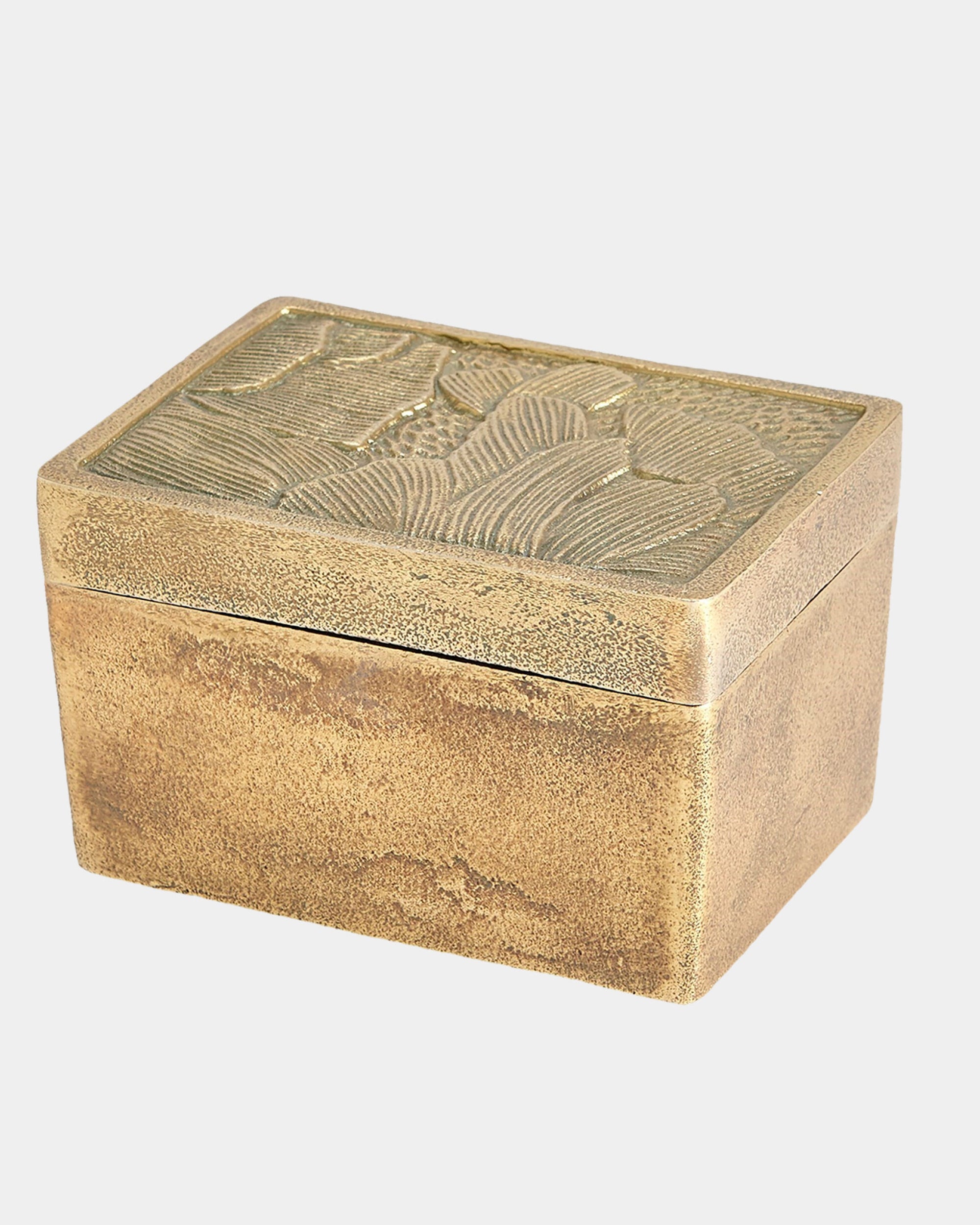 The Global Views 791426 Flora Box is a small rectangular decorative box with a hinged lid, featuring an engraved floral pattern on its matte, textured surface and finished in elegant antique brass.