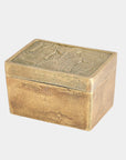 The Global Views 791426 Flora Box is a small rectangular decorative box with a hinged lid, featuring an engraved floral pattern on its matte, textured surface and finished in elegant antique brass.