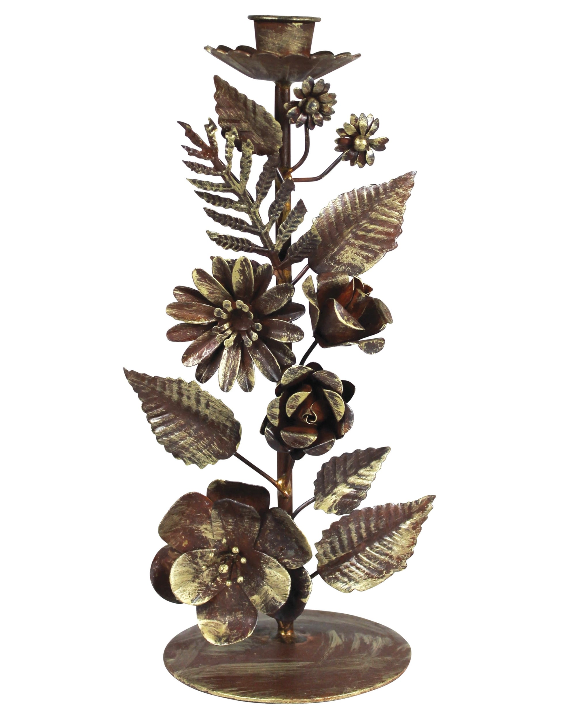 The HomArt Floral Taper Holder features handcrafted metal flowers and leaves on a round base with an antique finish, adding old-world charm to any space.