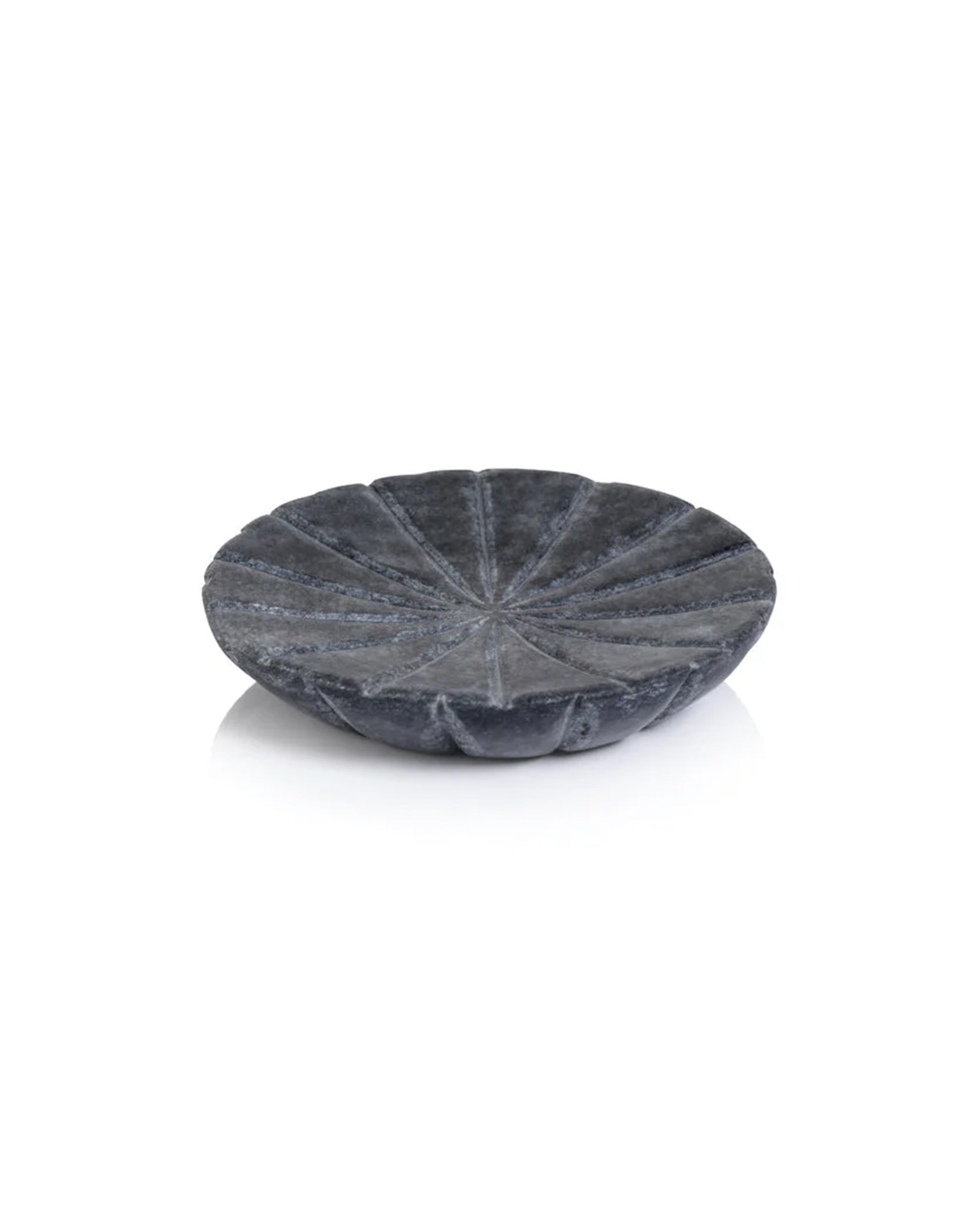 The Zodax IN-7808 Marble Dish is a dark gray, round accessory with shallow depth and geometric grooves, ideal as a stylish soap dish or bathroom accent, shown on a white background.