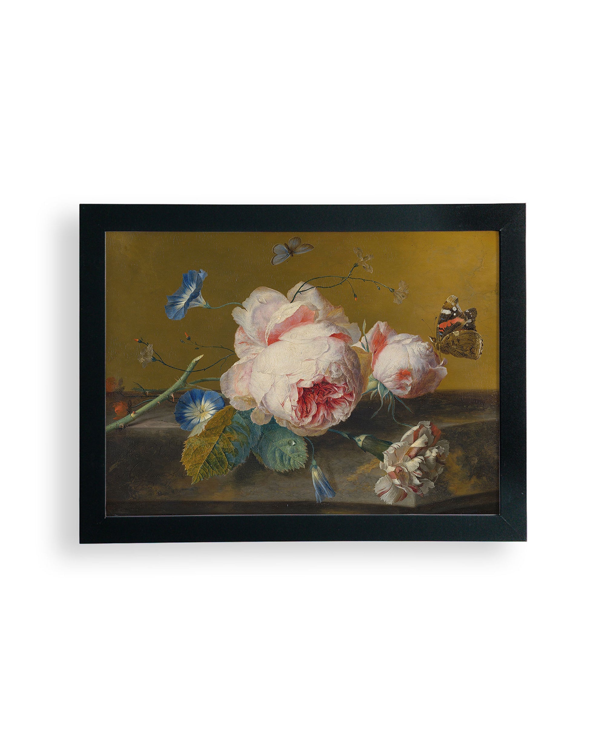 The Faire Van Huysum Flower Still Framed art features pink and white flowers, green leaves, a butterfly, and a bee on matte art paper with a muted yellow-brown background—an elegant limited-edition piece for any space.
