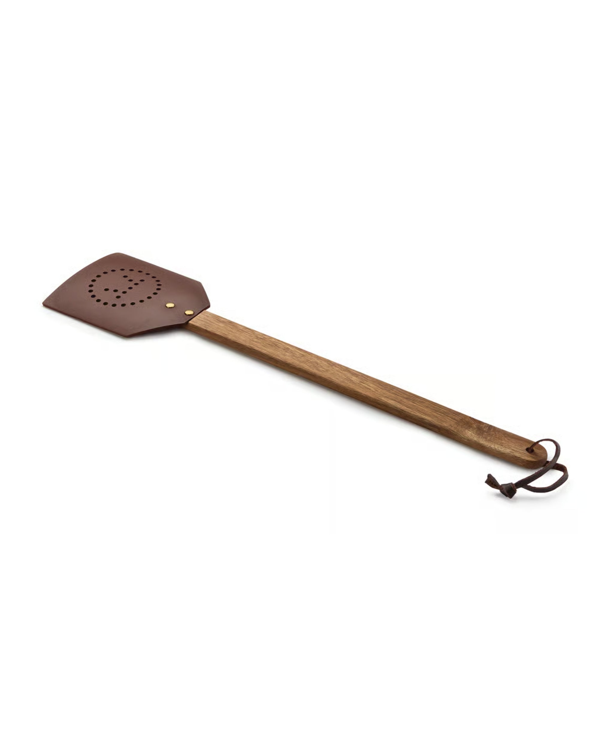 The Fox Run Brands Acacia/Leather Fly Swatter features a perforated leather head with a circular pattern, a sturdy wooden handle in classic Amish style, and a leather loop—shown here on a white background.