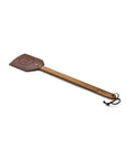 The Fox Run Brands Acacia/Leather Fly Swatter features a perforated leather head with a circular pattern, a sturdy wooden handle in classic Amish style, and a leather loop—shown here on a white background.