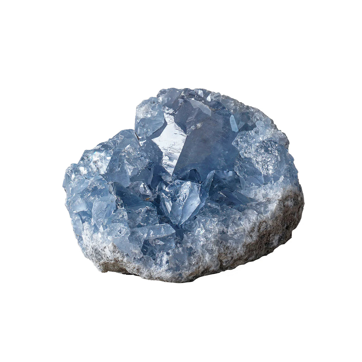 The Celestite Geode by Blue Ocean Traders features light blue crystals with sharp edges atop a rough gray base, creating a striking decorative accent for any shelf against a white background.